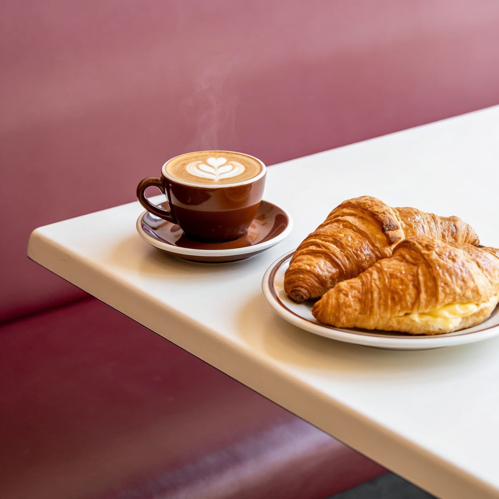 Espresso, cappuccino e brioche su un tavolo della caffetteria